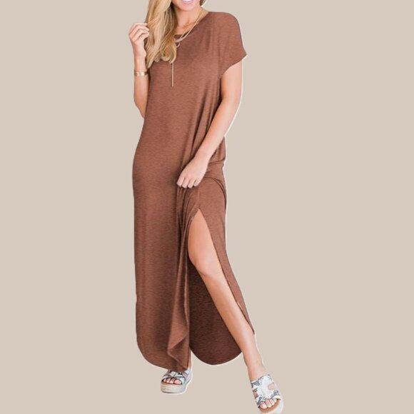 New CASUAL LONG TEE SHIRT DRESS Rust Brown Size L👗 - Picture 4 of 5